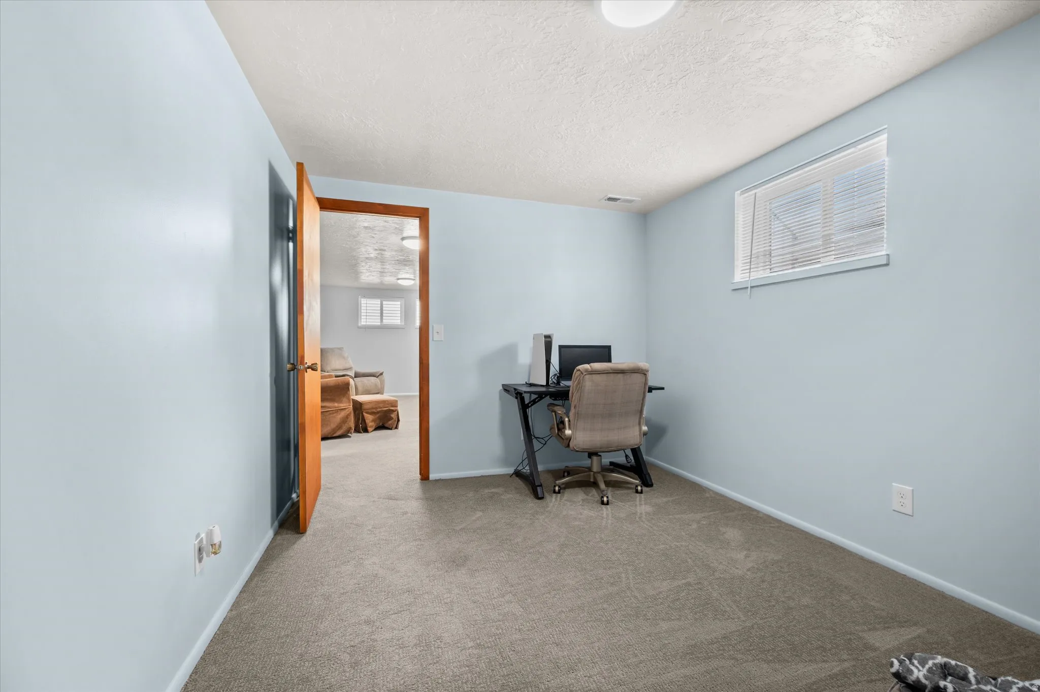 Office area featuring a textured ceiling and light colored carpet