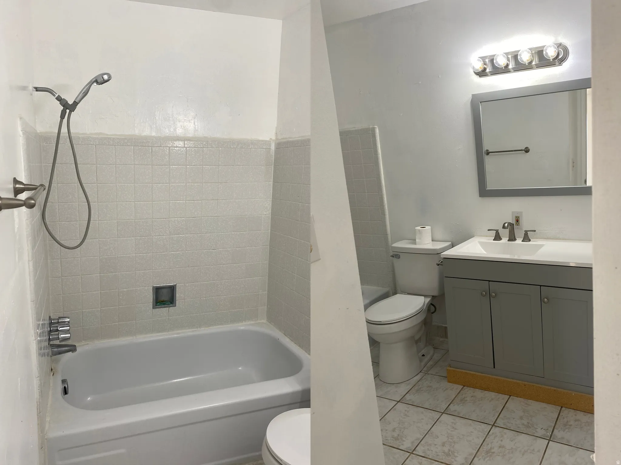 Bathroom featuring vanity, light tile patterned floors, and shower / tub combination