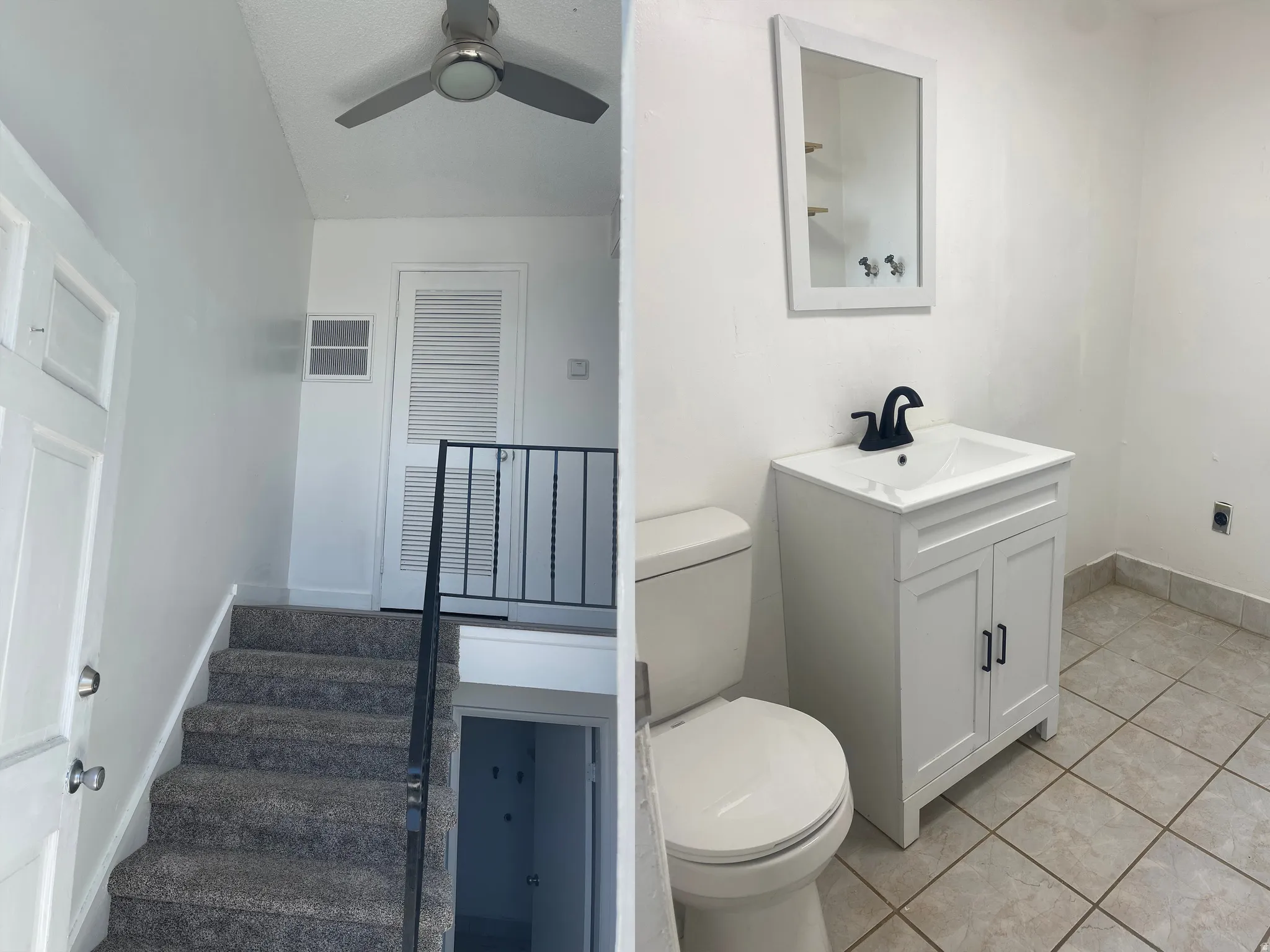 Bathroom featuring vanity, a ceiling fan, and light tile patterned floors
