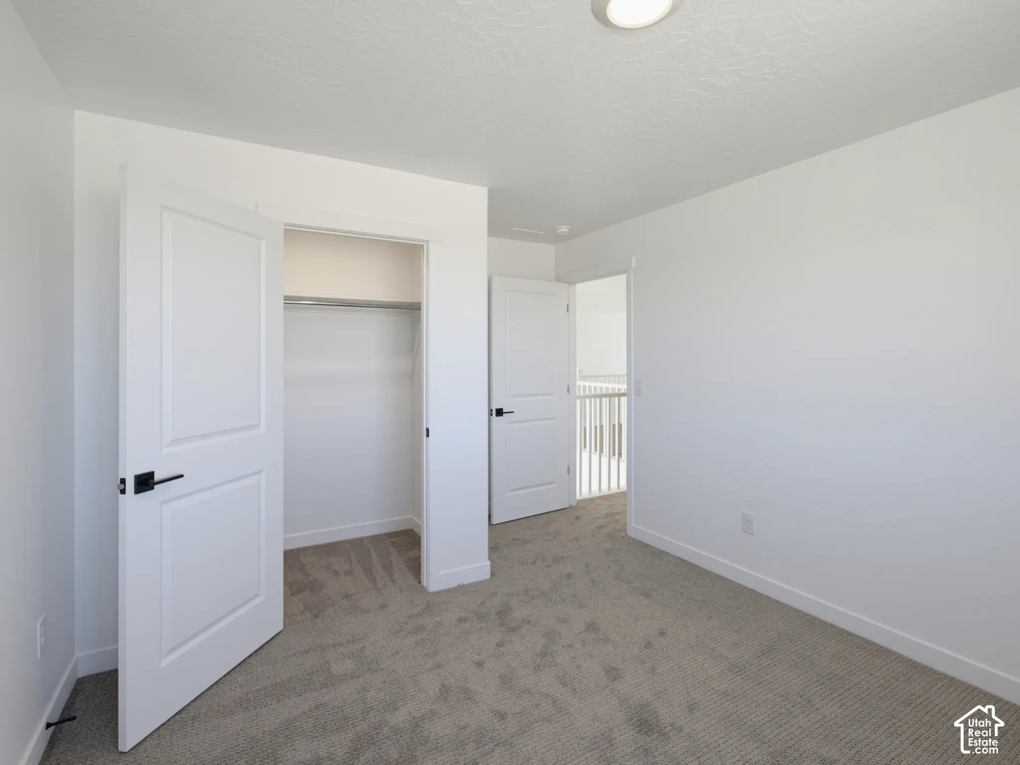 Light-colored carpeting, white walls, and a ceiling-mounted light fixture