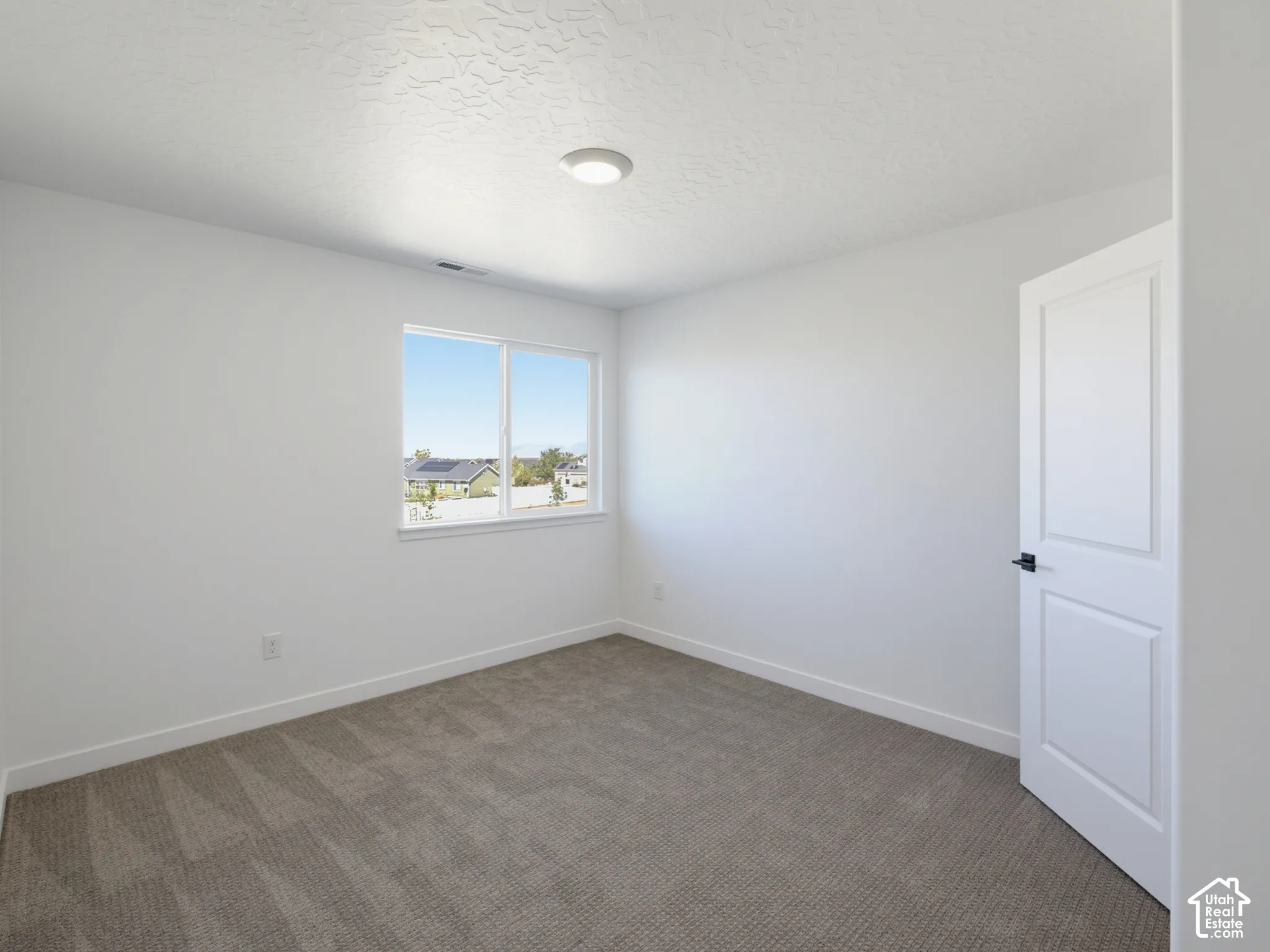 Neutral wall tones, gray carpeting, and a dual-pane window