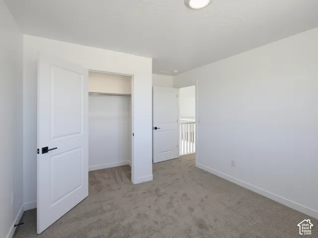 Light-colored carpeting, white walls, and a ceiling-mounted light fixture