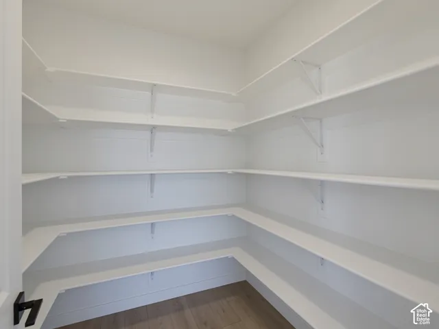 Spacious pantry featuring multiple white shelves, white wall finishes, and wood-finish flooring