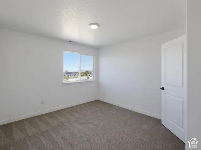 Neutral wall paint, textured ceiling, flush mount ceiling light, carpeted flooring, and a single window
