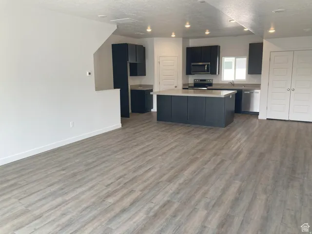 Kitchen featuring stainless steel appliances, light countertops, a center island, dark wood-style flooring, and open floor plan
