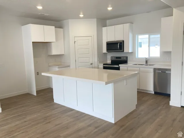 Kitchen featuring white cabinetry, stainless steel appliances, dark wood-style floors, a center island, and recessed lighting