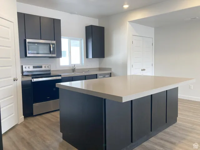 Kitchen featuring stainless steel appliances, a kitchen island, light wood-style flooring, and dark cabinets