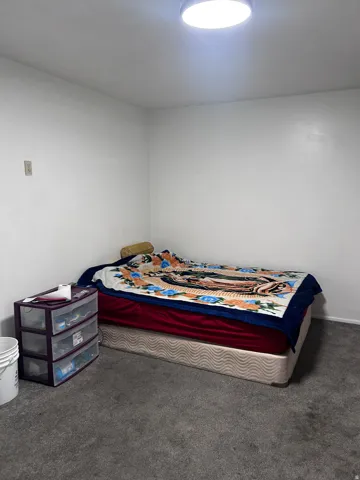 Bedroom with dark carpet