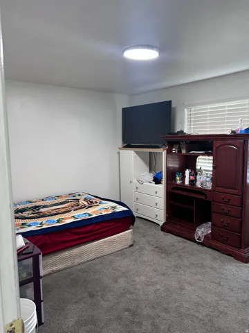 Bedroom with dark carpet