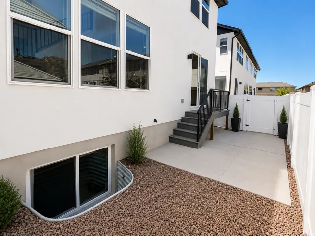 Exterior patio featuring a concrete surface, privacy fencing, and direct access from the main structure via stairs