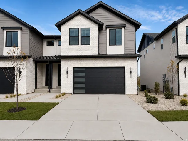 Modern townhouse exterior featuring a black garage door with frosted window panels, white brick facade, dark gray siding, and black-framed windows