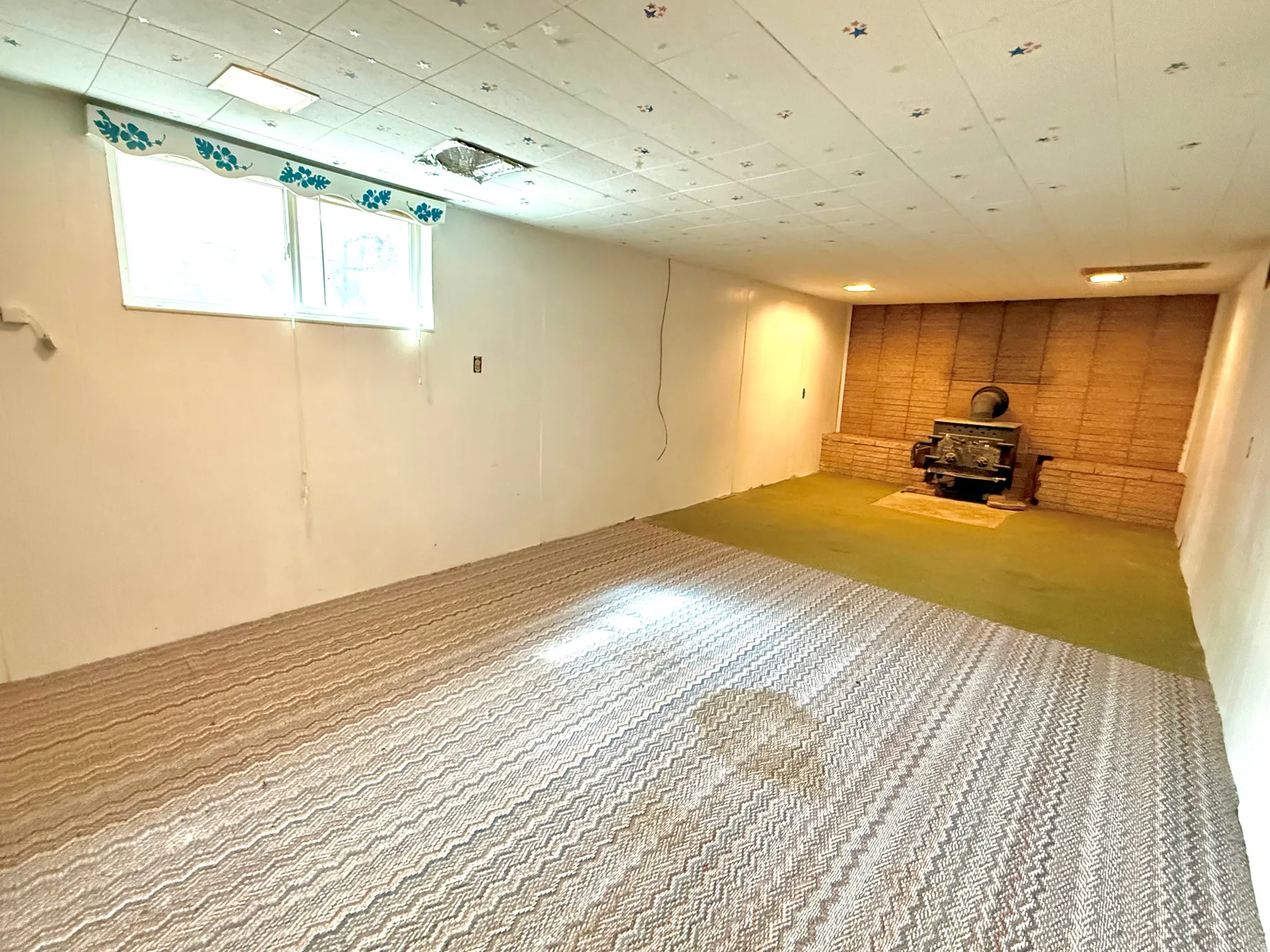 Basement featuring carpet and a wood stove