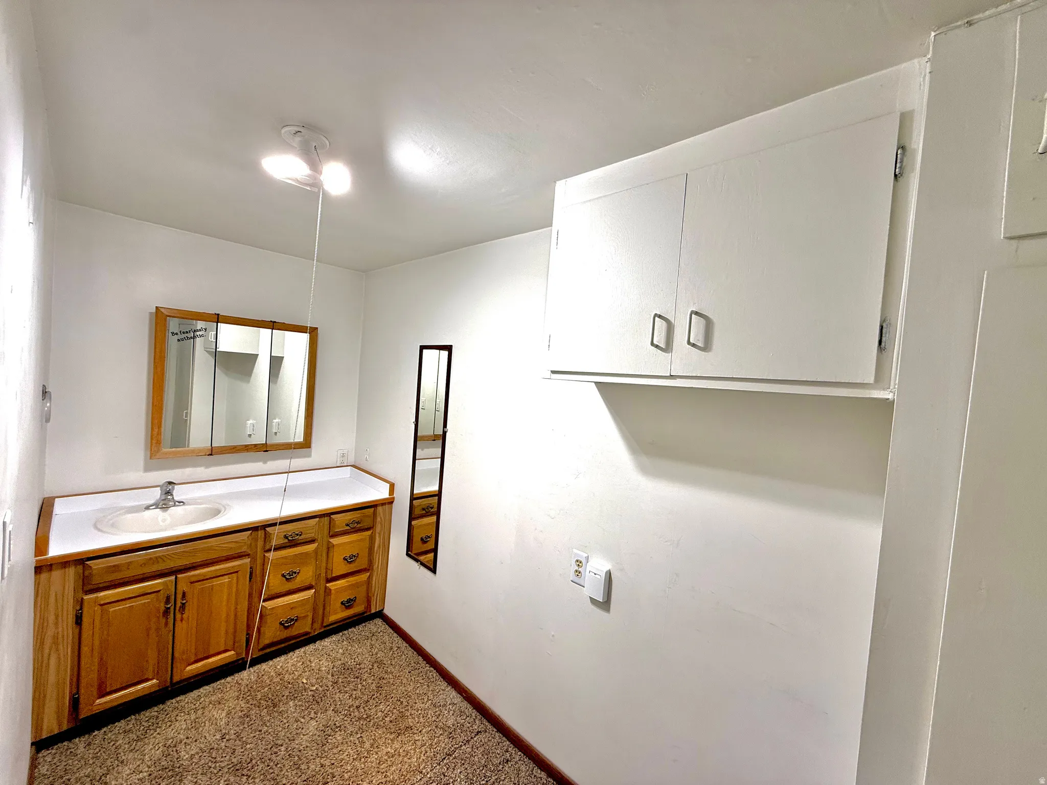 Bathroom with vanity and dark colored carpet