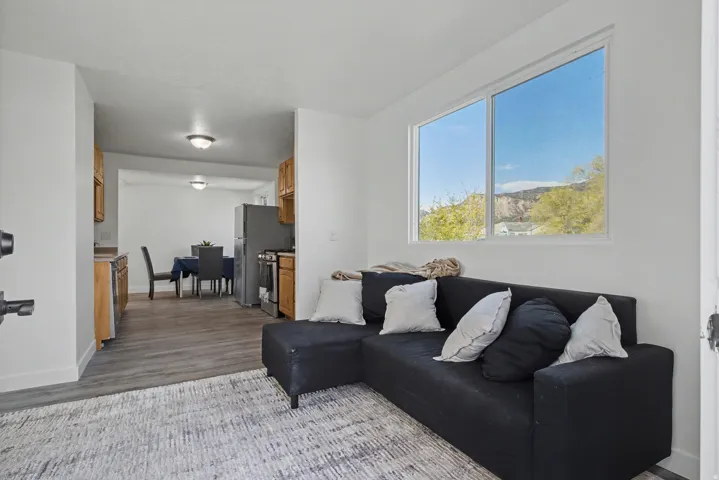 Living area with baseboards and dark wood-style flooring