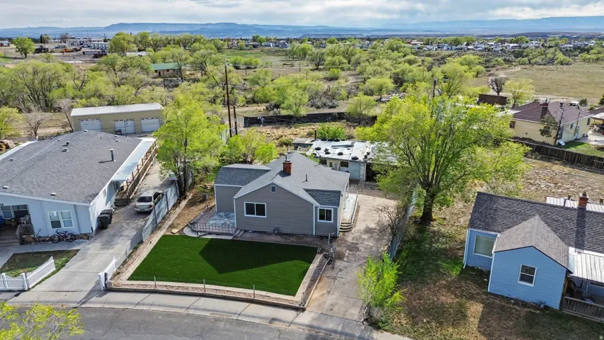 Aerial view of residential area with mountains