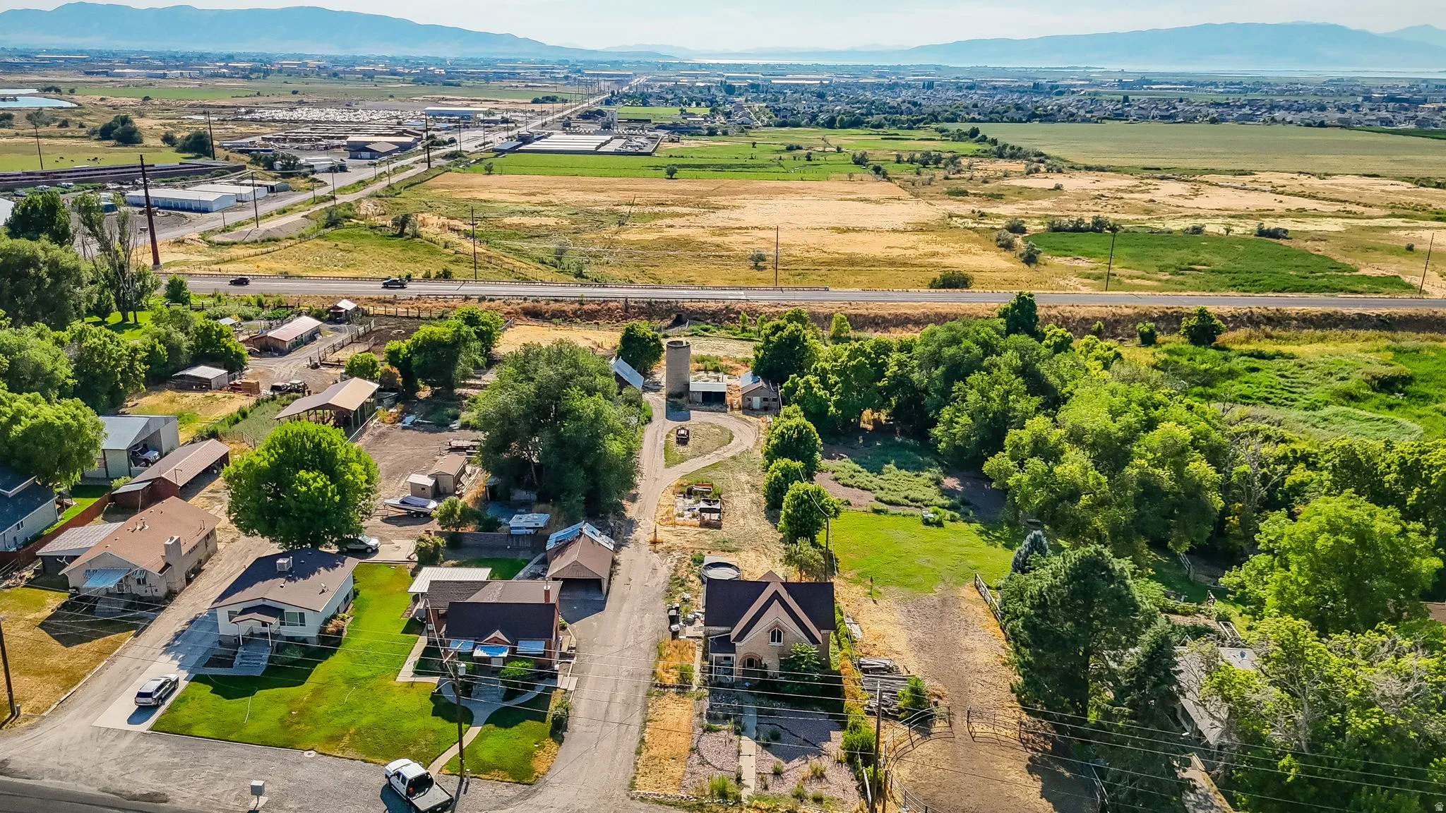 Aerial perspective of suburban area featuring mountains
