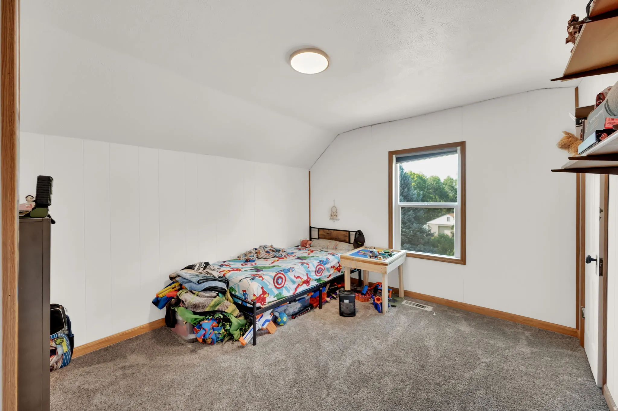 Bedroom with lofted ceiling and carpet flooring