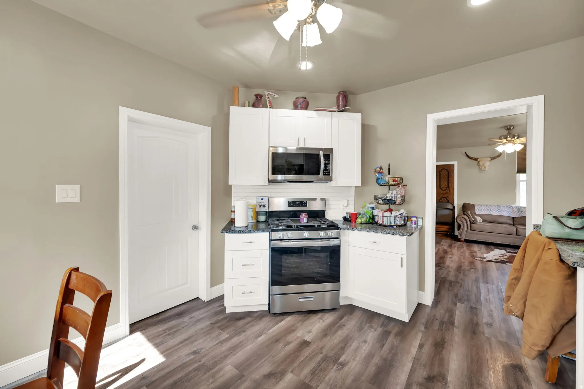 Kitchen featuring ceiling fan, stainless steel appliances, white cabinets, and dark wood-type flooring
