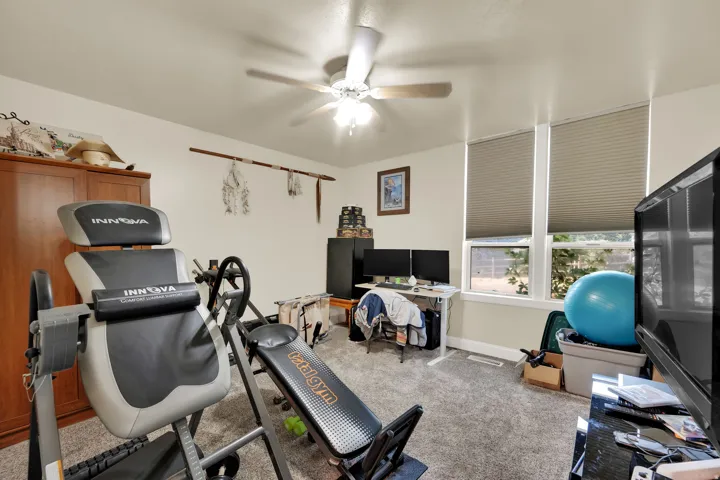 Workout room featuring carpet flooring and ceiling fan