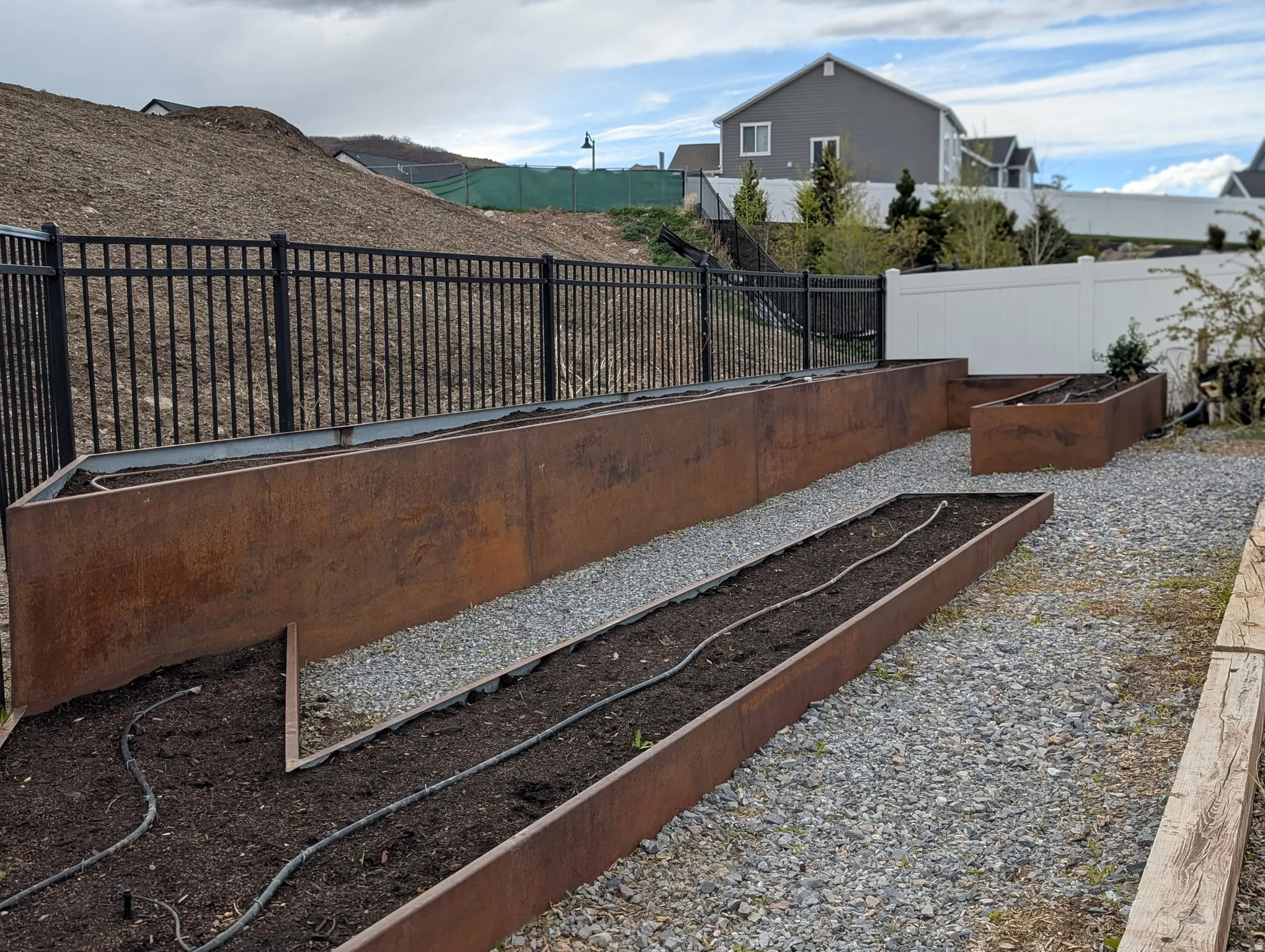 Fenced backyard featuring a vegetable garden