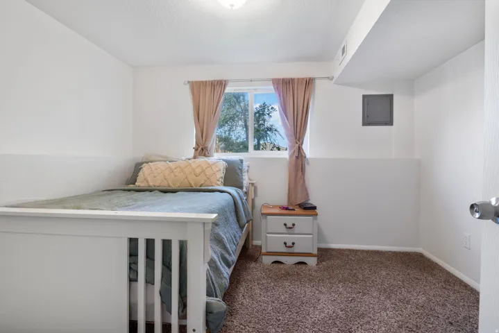 Bedroom featuring carpet flooring and electric panel