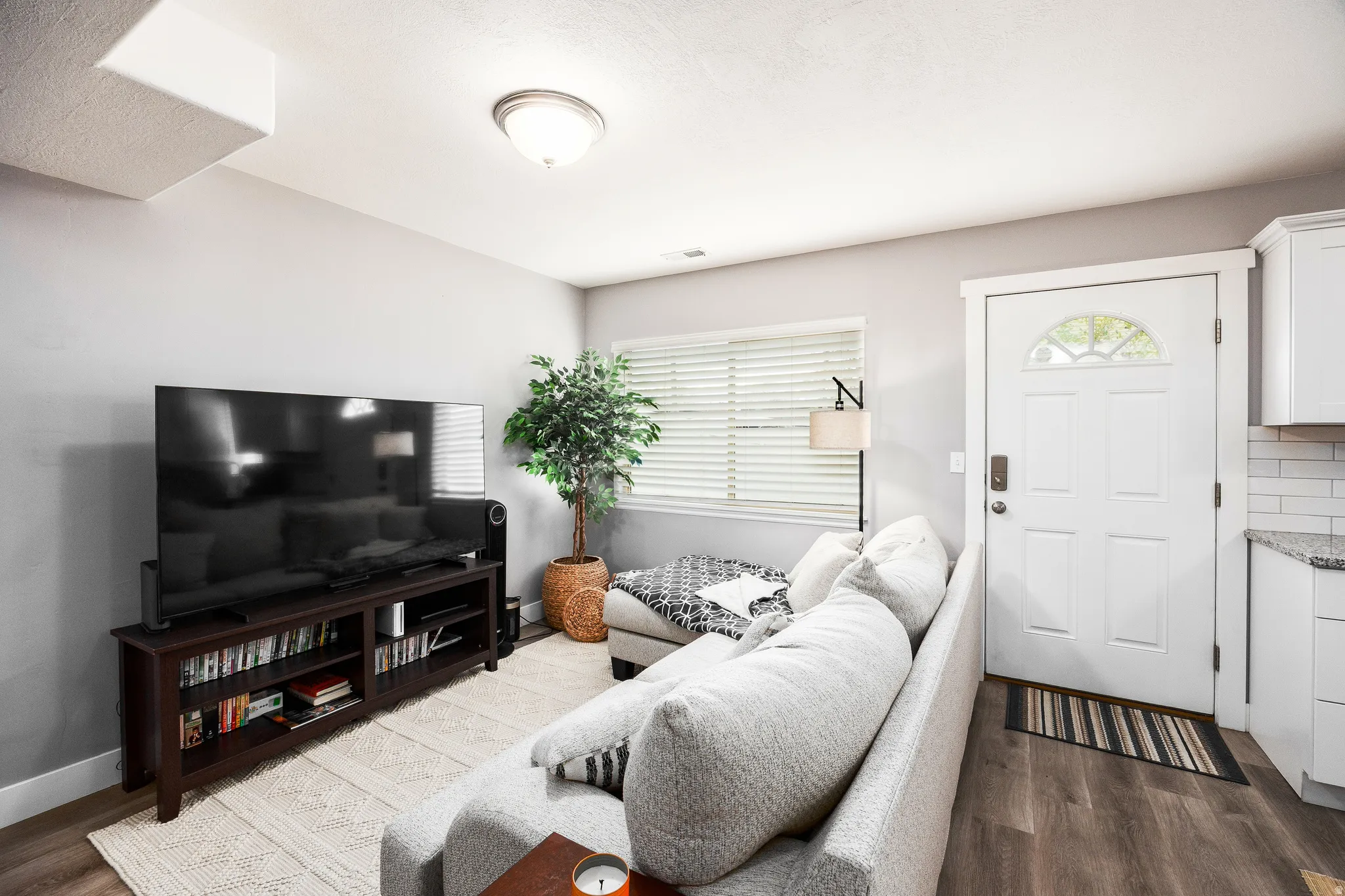 Living room, large window, and back door
