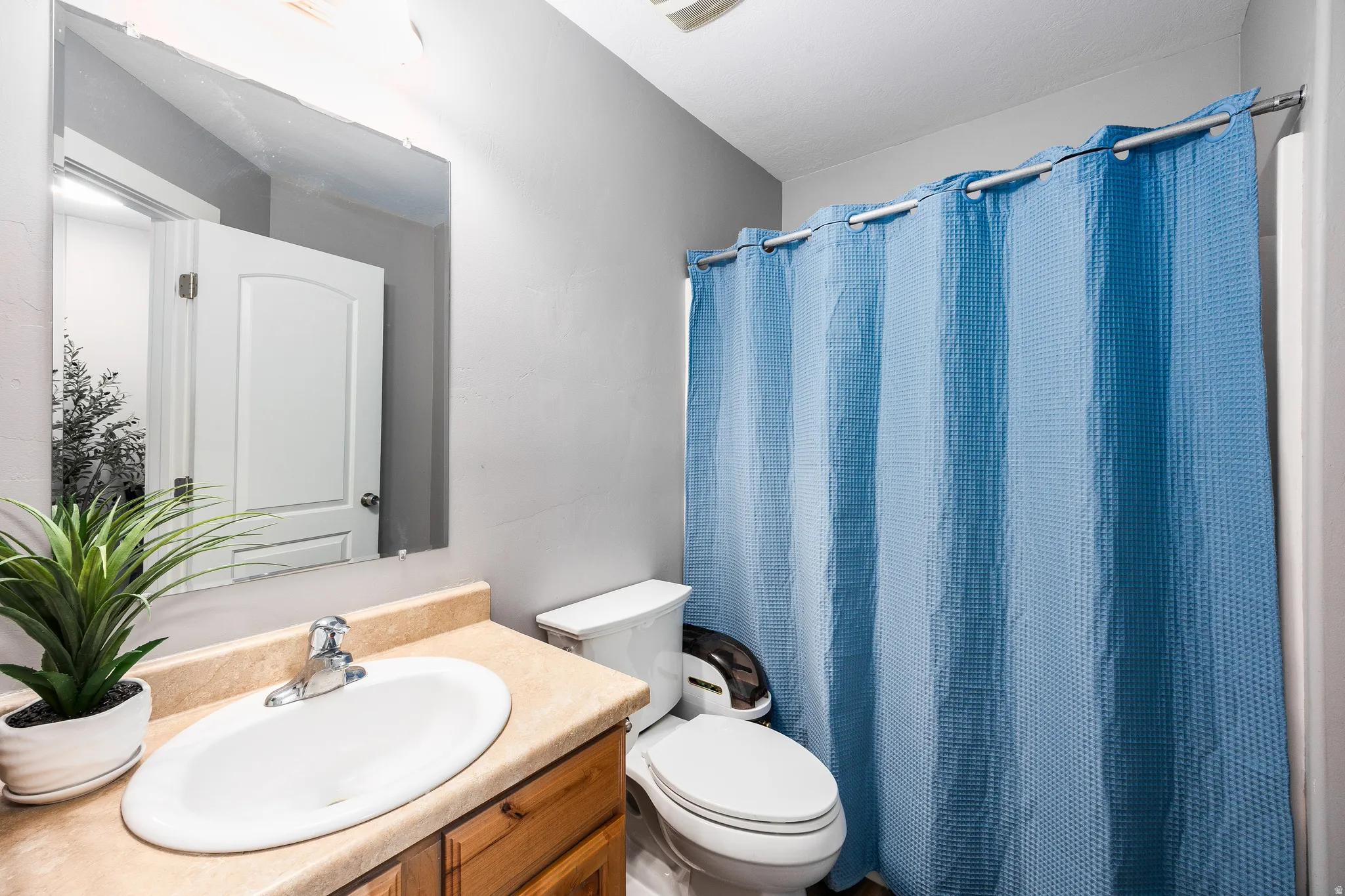 Hall bath upstairs, featuring vanity and a shower/bathtub combo with curtain