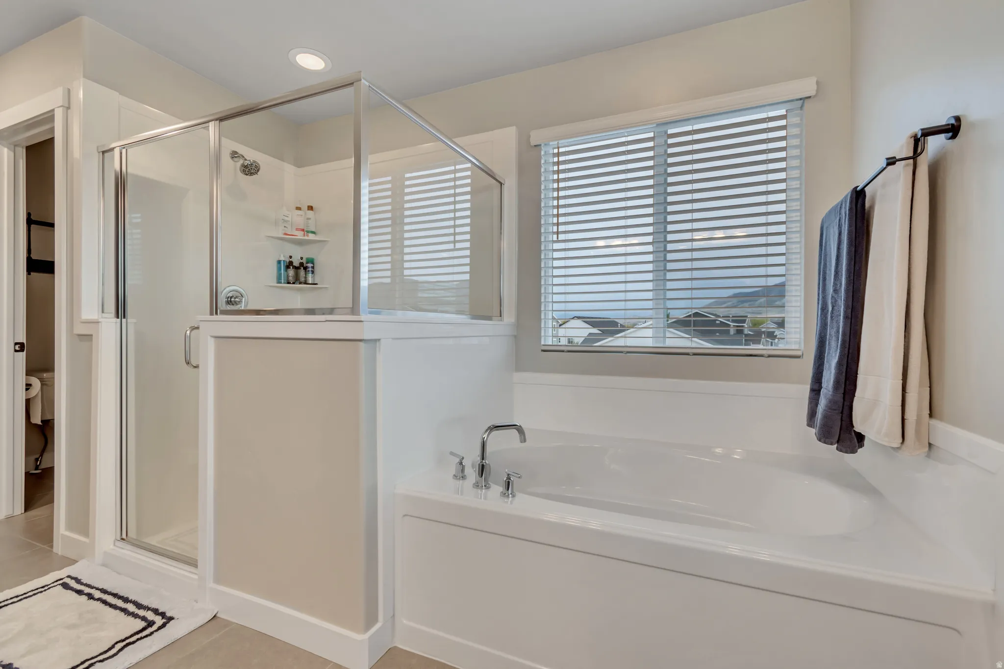Primary bathroom featuring a stall shower, a garden tub, and recessed lighting