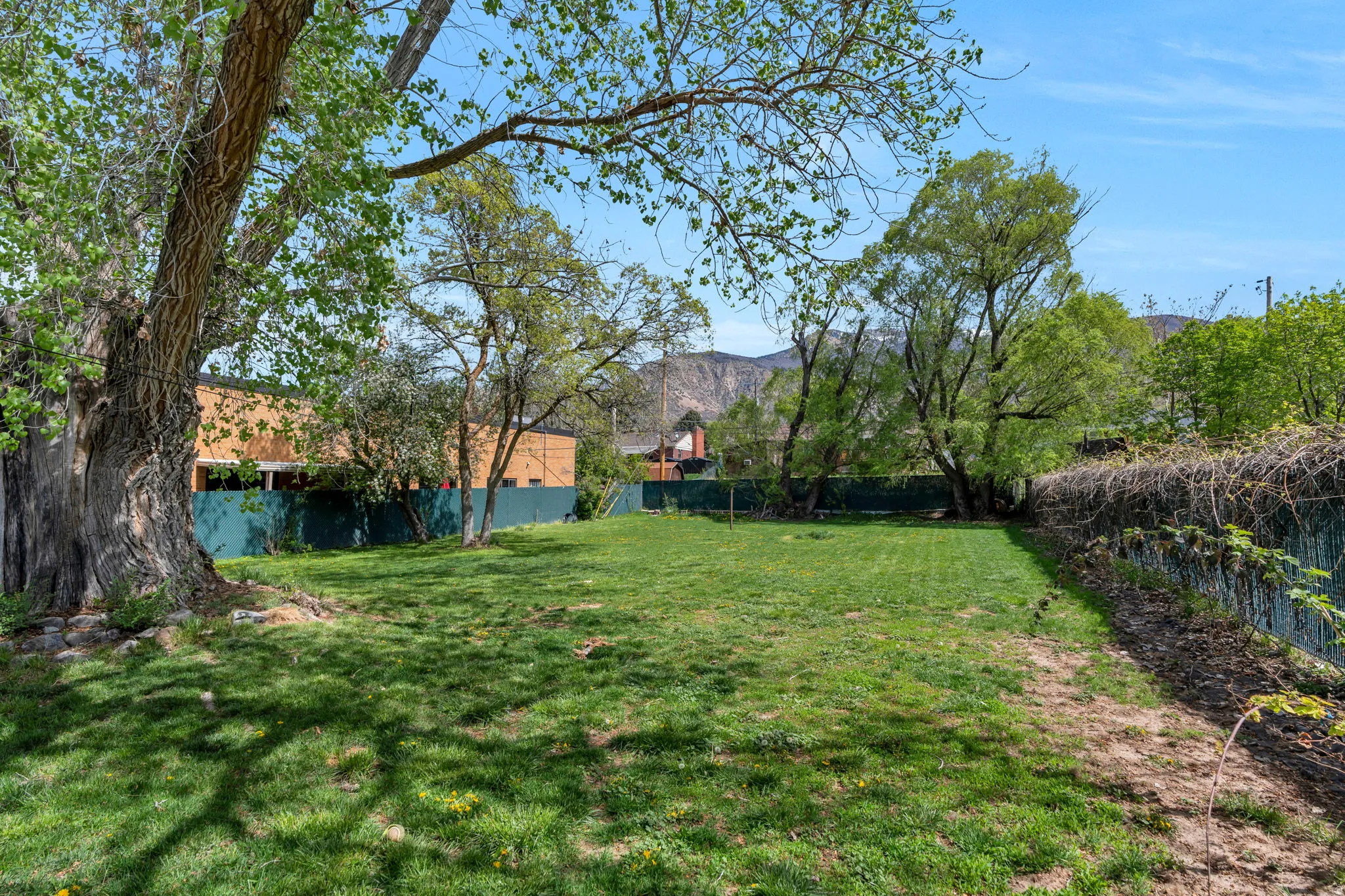 Fenced backyard featuring a mountain view