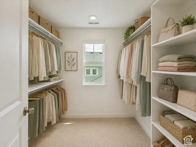 Spacious walk-in closet featuring dual clothing rods with multiple hanging sections, built-in shelving, and abundant natural light from a center window, AI staged