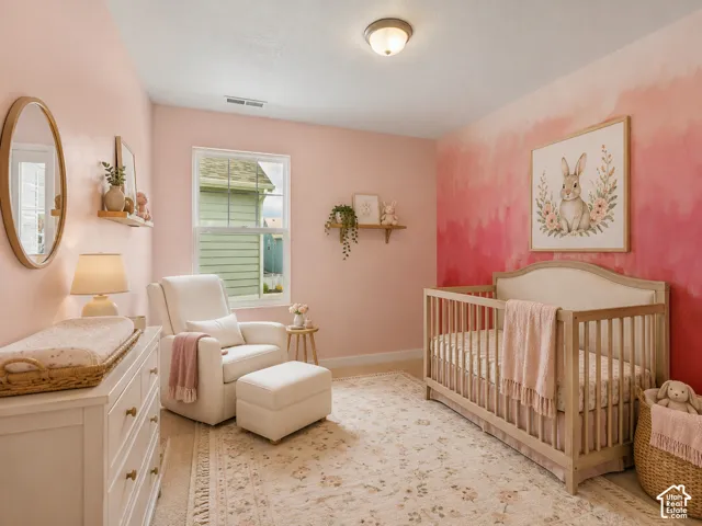 Carpeted flooring, single pane window, flush mount ceiling light, and painted walls, AI staged