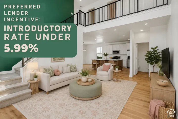Double-height ceilings, wood-finish flooring, metal staircase railing, recessed lighting, and kitchen island