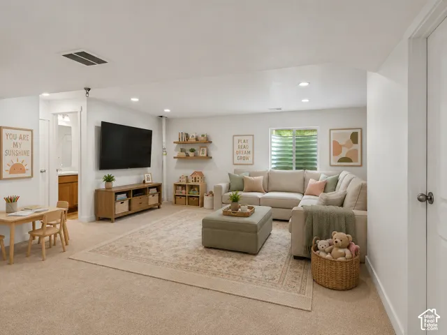 Recessed lighting illuminates a spacious room featuring light-toned carpeting and a window, AI Staged