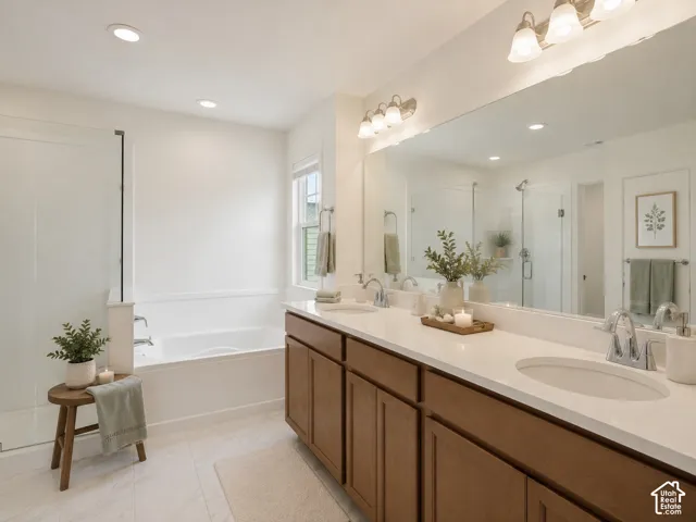 Double vanity with undermount sinks, white countertop, and wood-finish cabinetry, AI staged