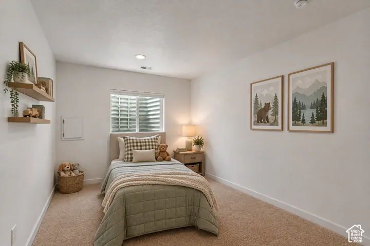 Recessed lighting, neutral carpeting, window, AI Staged