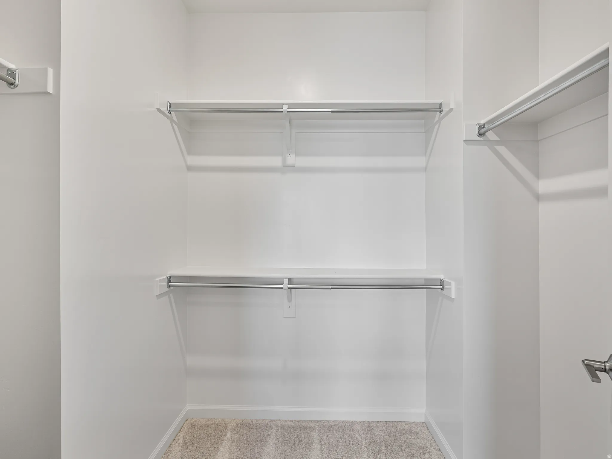 Walk in closet featuring light carpet