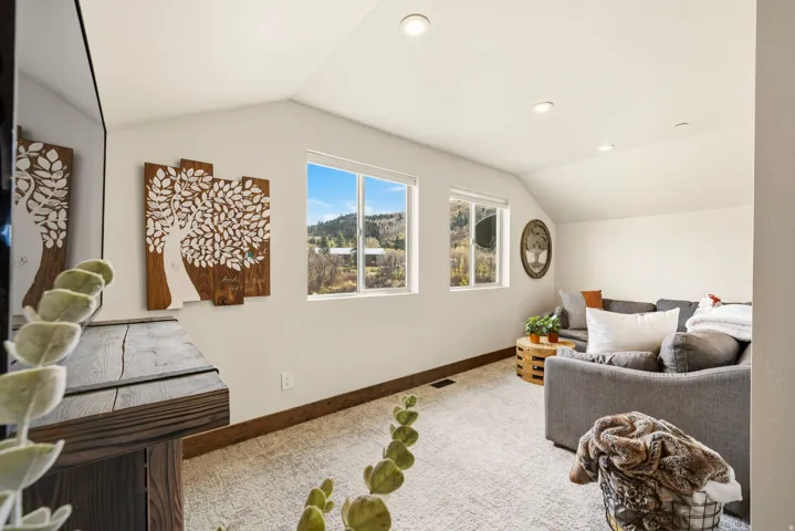 Living area with carpet and recessed lighting
