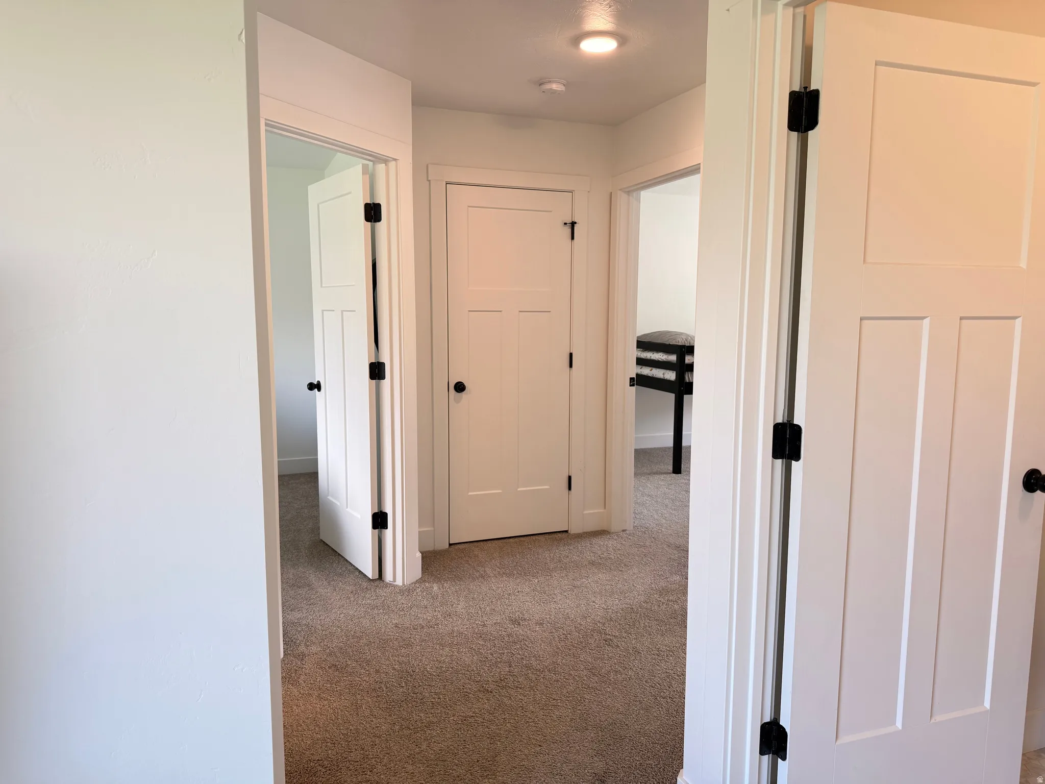 Hall featuring light colored carpet