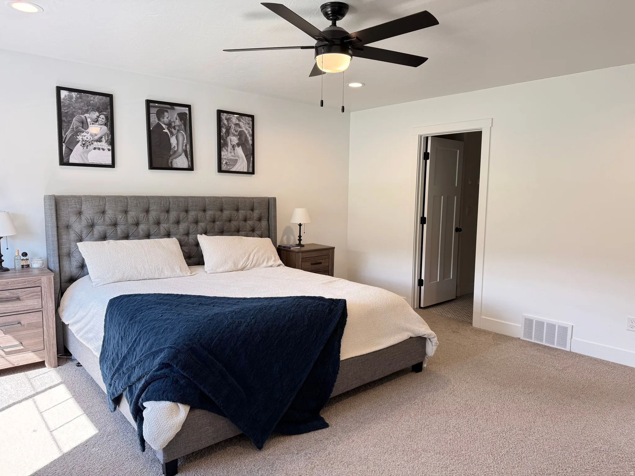 Bedroom with carpet floors, ceiling fan, and recessed lighting