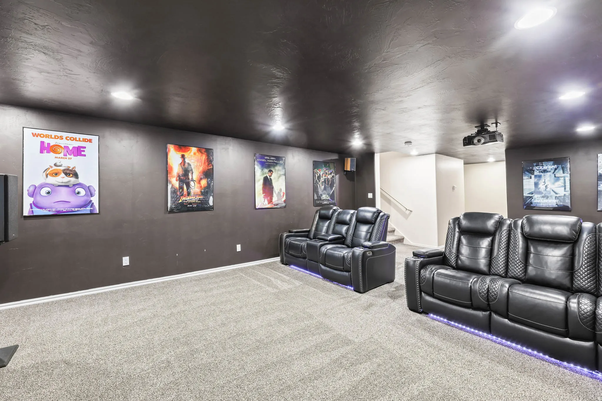 Cinema featuring carpet floors and recessed lighting