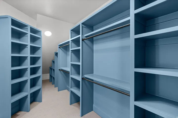 Walk in closet with light colored carpet