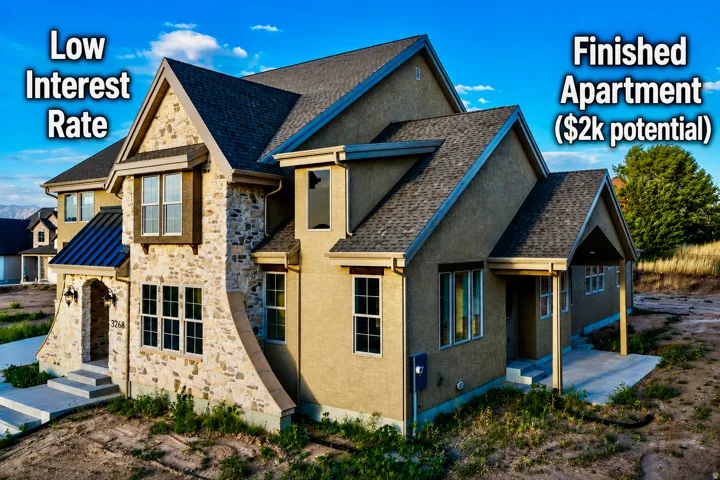 Stone and stucco exterior with multiple gables and a covered entry