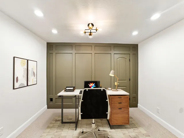 Recessed ceiling lighting, decorative ceiling fixture, paneled accent wall, and a solid interior door