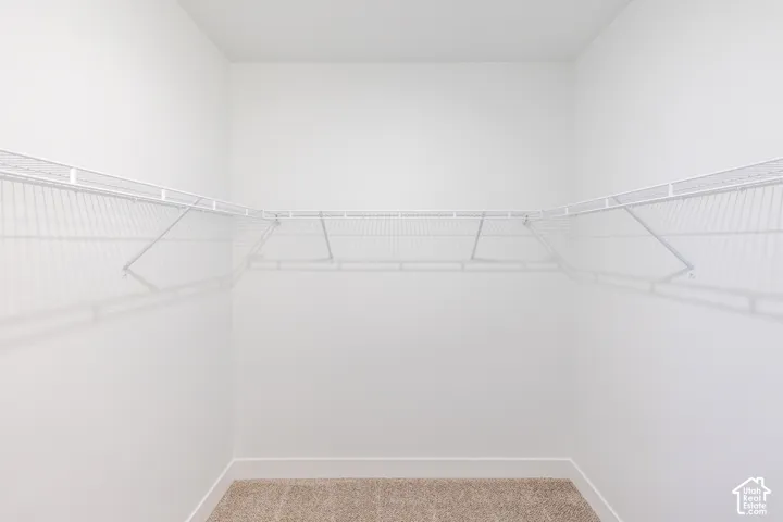 Built-in wire shelving system, light-toned carpeting, and crisp white walls