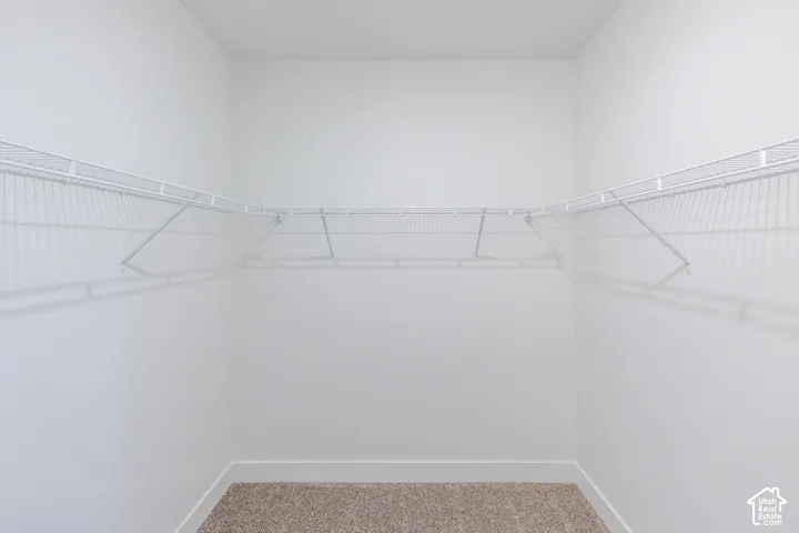 Walk-in closet featuring white wire shelving, white walls, and carpeting