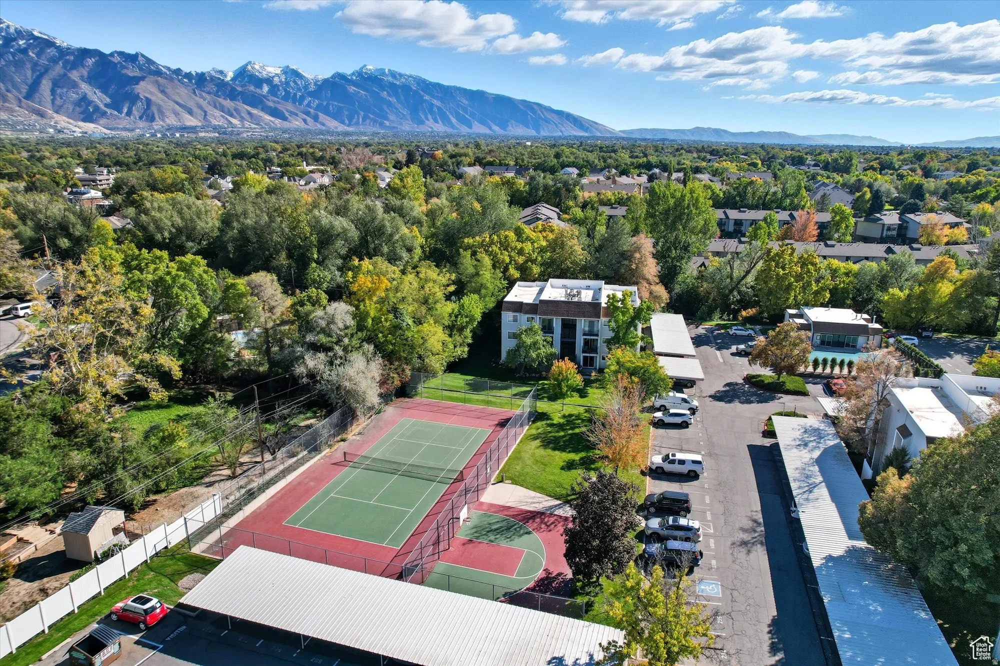 Aerial view of residential area with mountains