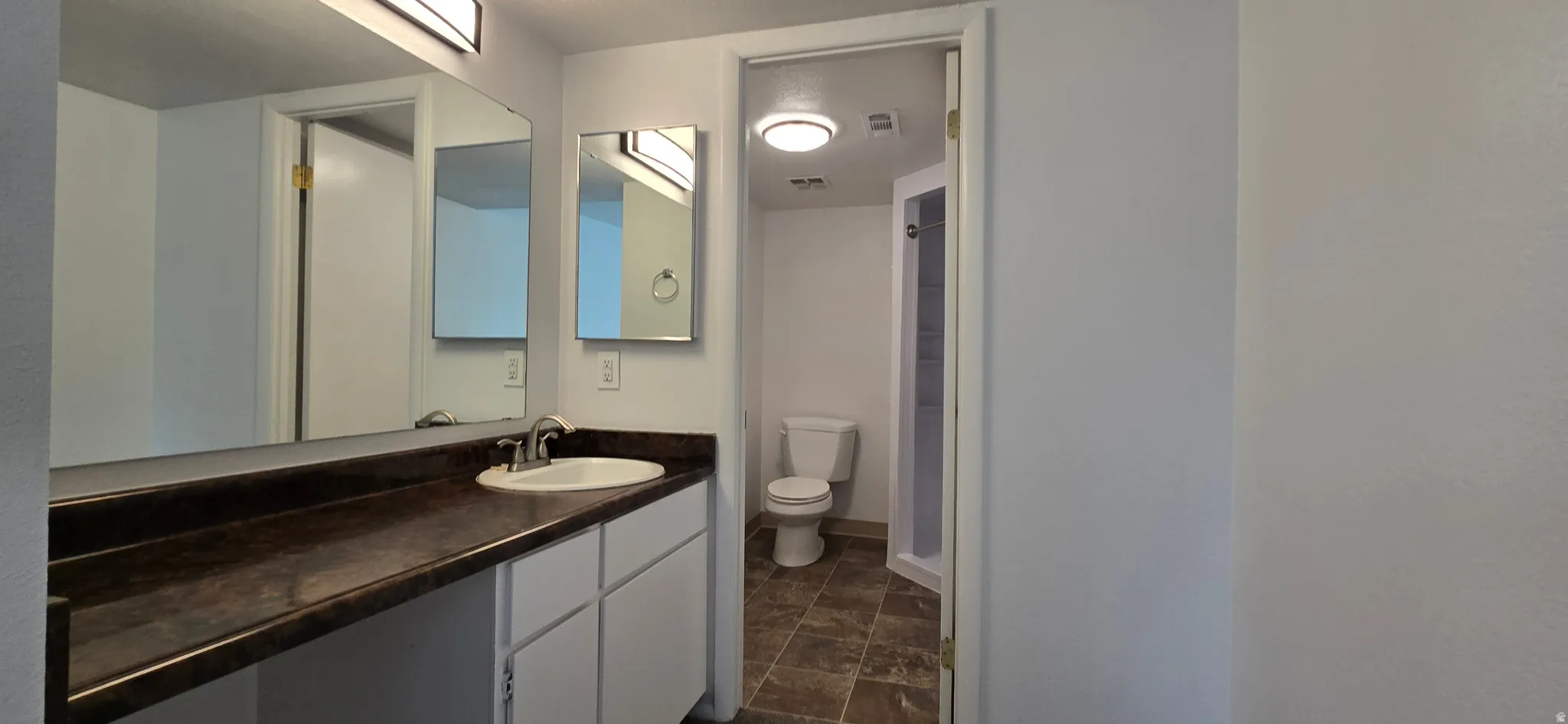 Full bath featuring vanity, stone finish flooring, and a shower
