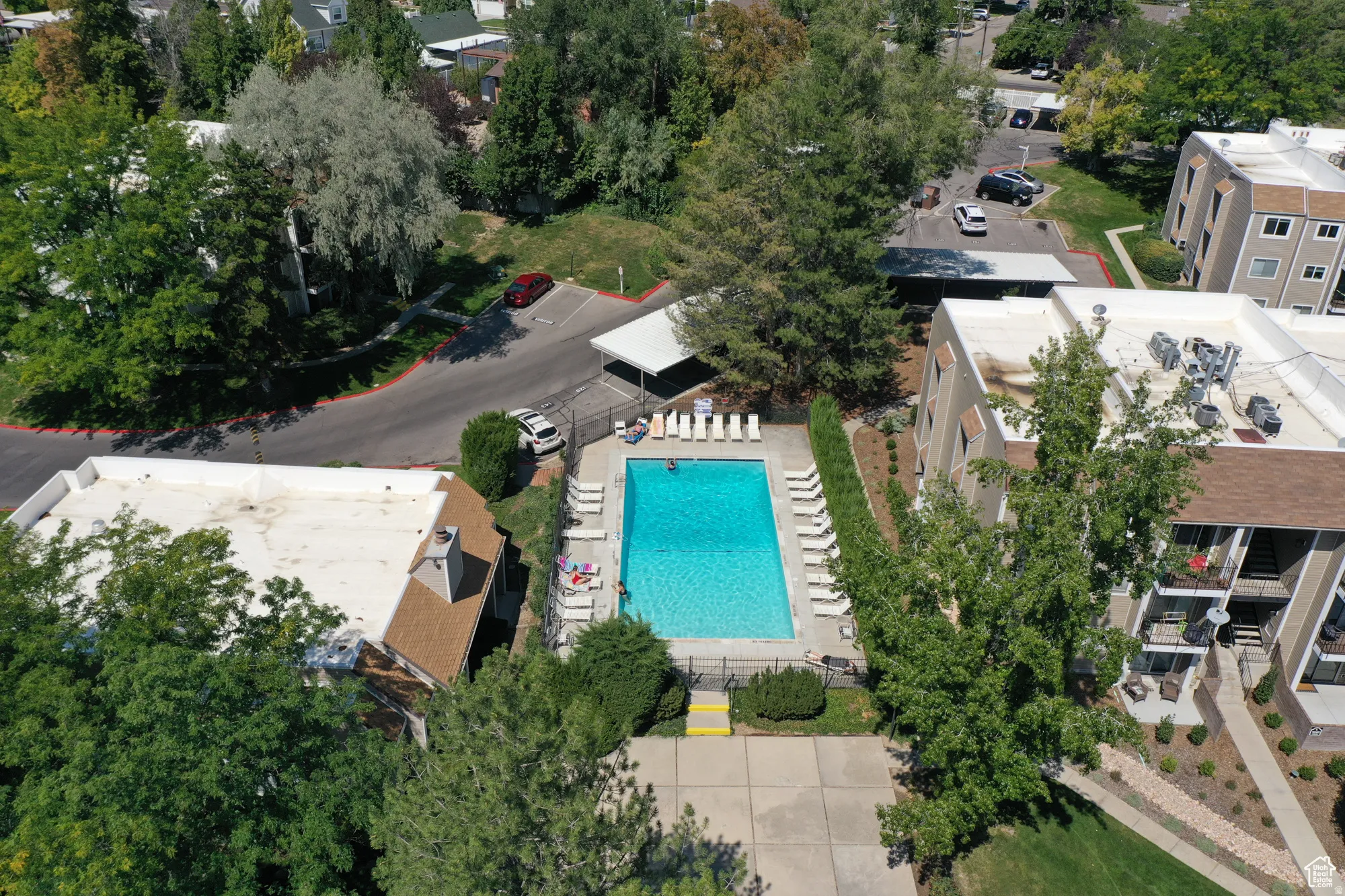 Drone / aerial view of a pool area