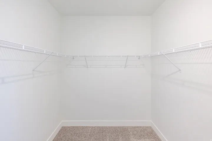 Corner closet with white wire shelving and neutral carpet
