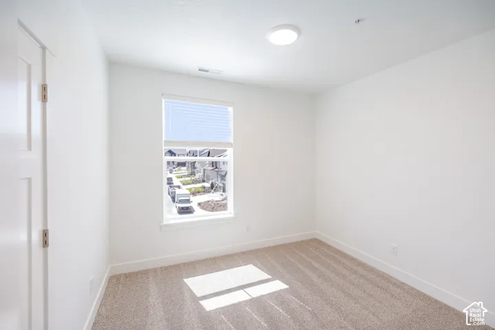 Neutral tone wall paint, textured carpet, window with blinds, flush mount ceiling light, and interior paneled door
